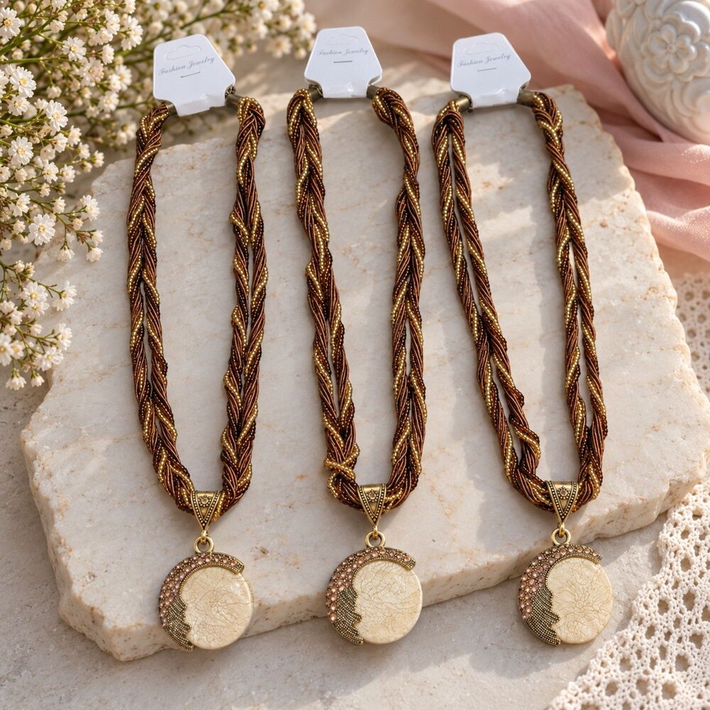Set of 3 Boho Braided Multi Strand Necklaces Brown Gold Cream Pendant Statement